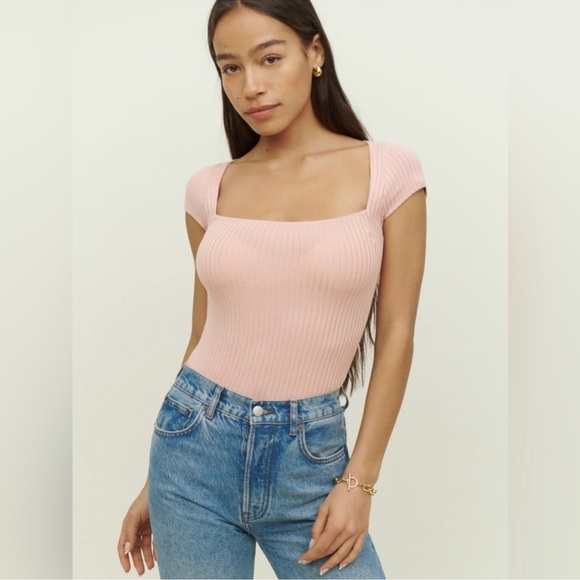 Reformation Tops - Reformation Women's Bardot Ribbed Knit Square Neck Top Sz Medium, Blush Pink